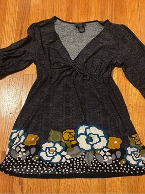 Hot Tempered Boho V-Neck Bell Sleeve Floral Polka Dot Tunic Large